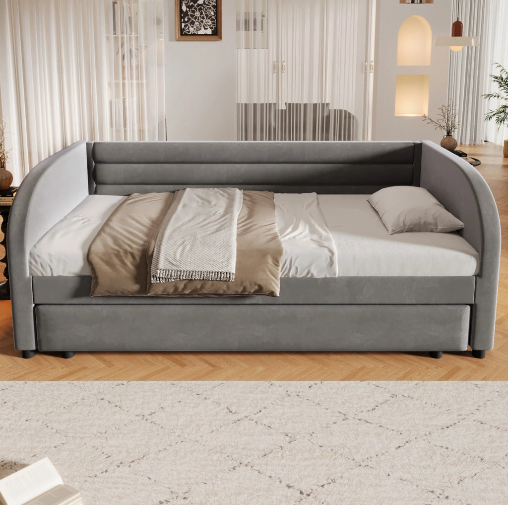 Letto imbottito 90x200 cm grigio con letto estraibile e LED