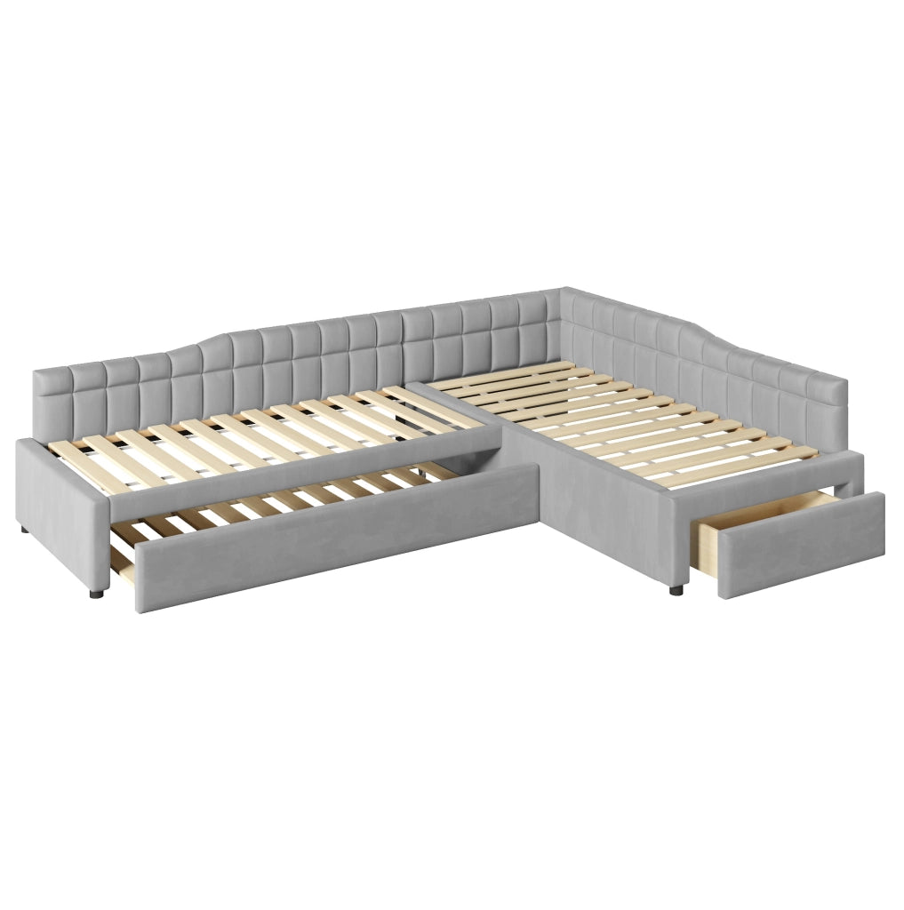 Letto angolare imbottito grigio con estraibile e cassetti 90x200 cm