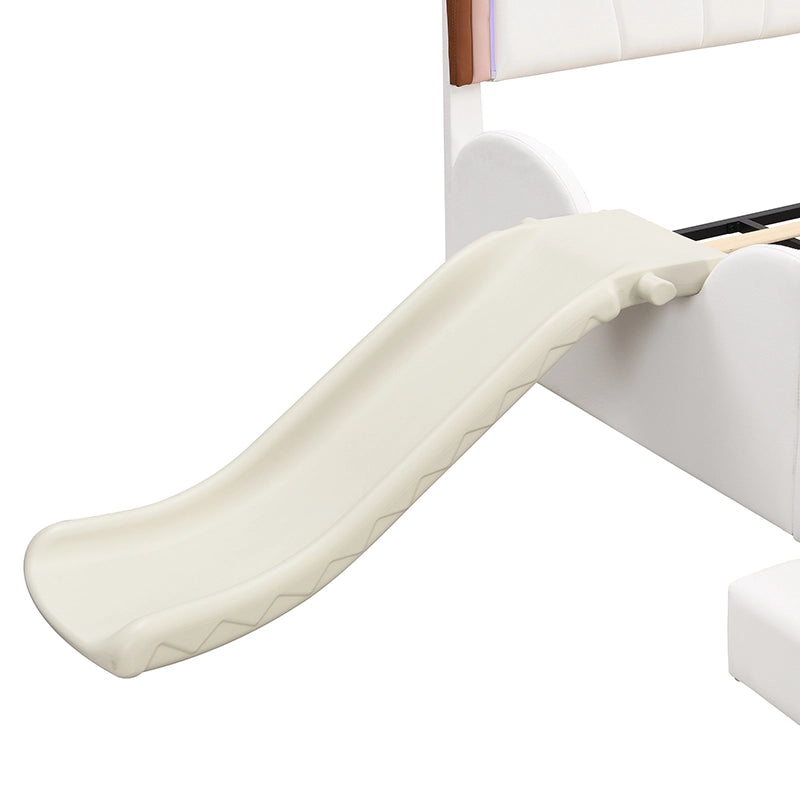 Letto per bambini a farfalla 140 × 200 cm con scivolo e scala LED multicolore in PU rosa e bianco