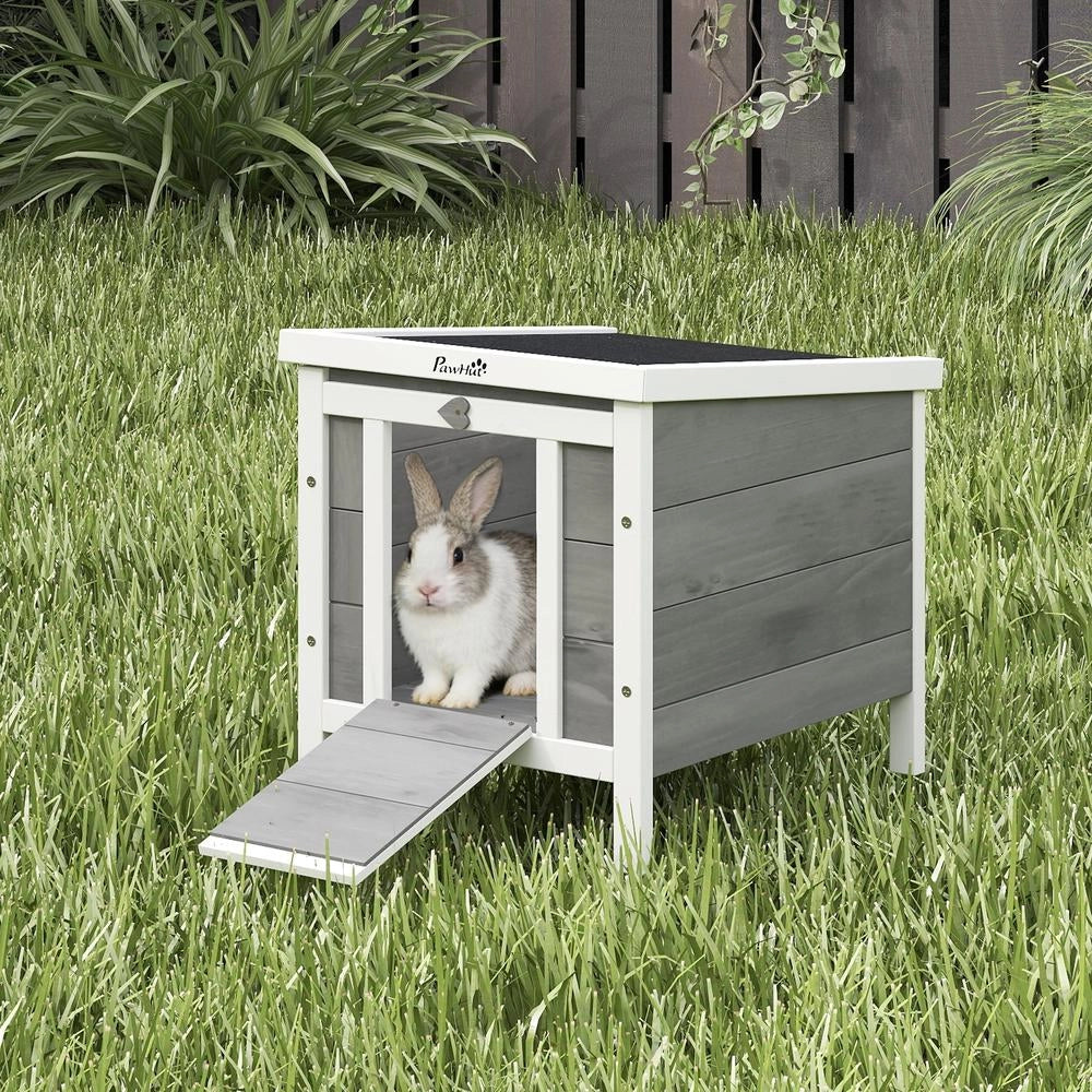 Casetta per piccoli animali in legno di abete grigio con rampa conigliera da giardino rialzata e resistente