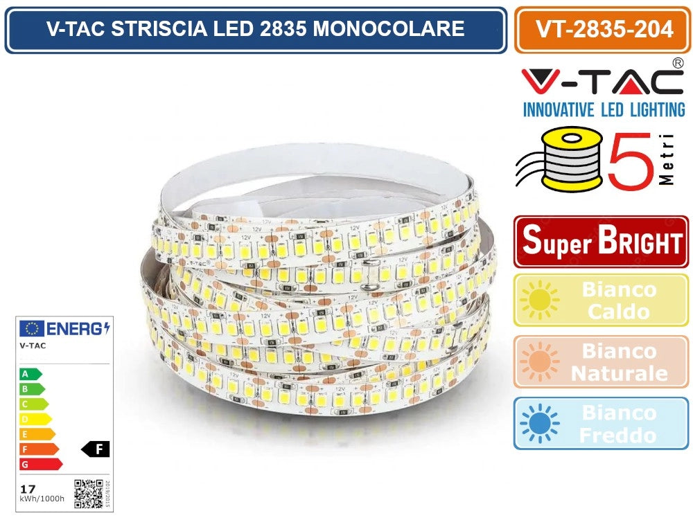 V-TAC STRISCIA LED 3528 MONOCOLORE 204 LED/METRO - BOBINA DA 5 METRI - Colore Luce:Bianco Caldo