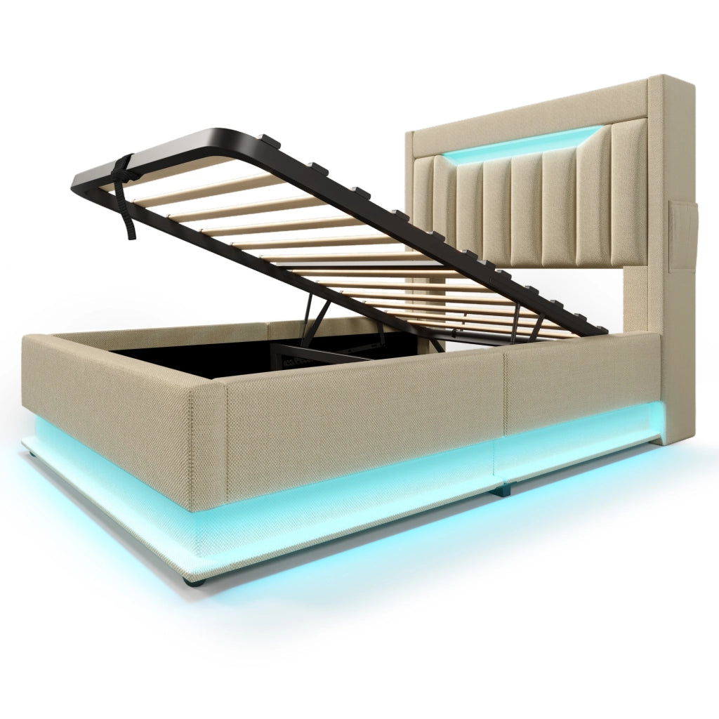 Letto singolo beige 90x200 cm con materasso e luci LED
