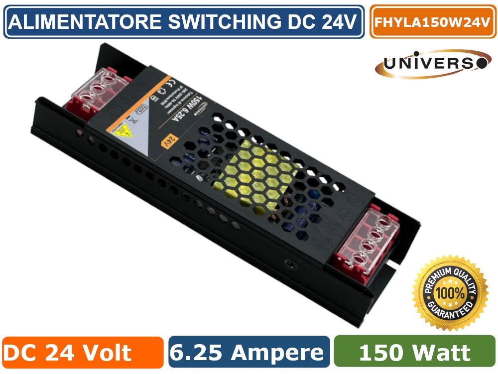 ALIMENTATORE SLIM METALLICO STABILIZZATO SWITCHING TRIMMER 220V-24V 6.25A 150 WATT COLORE NERO