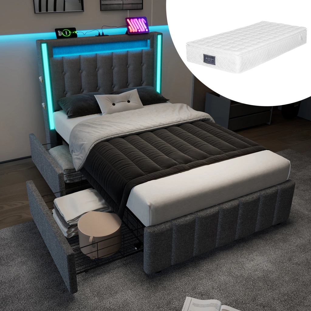 Letto singolo 90x200 cm grigio con due cassetti e materasso