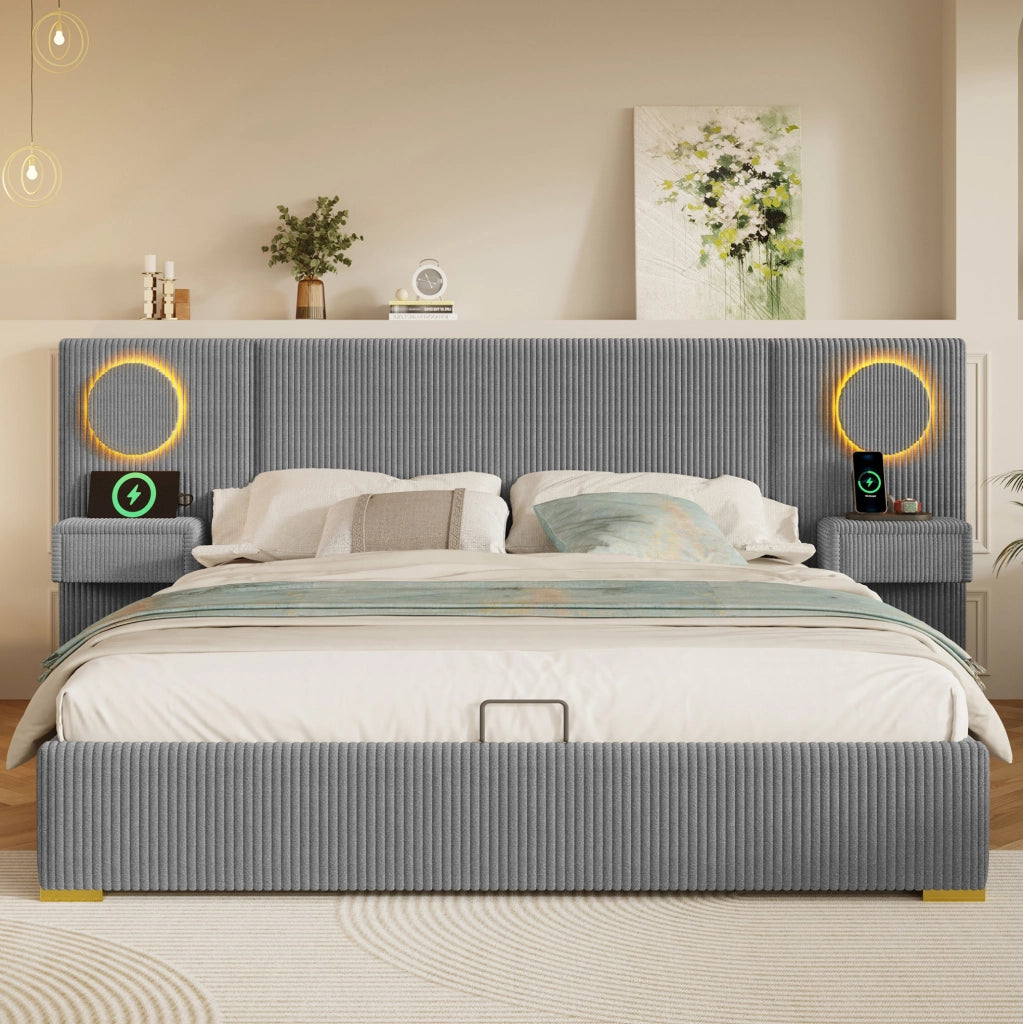 Letto matrimoniale 180x200 grigio con LED, USB e contenitore