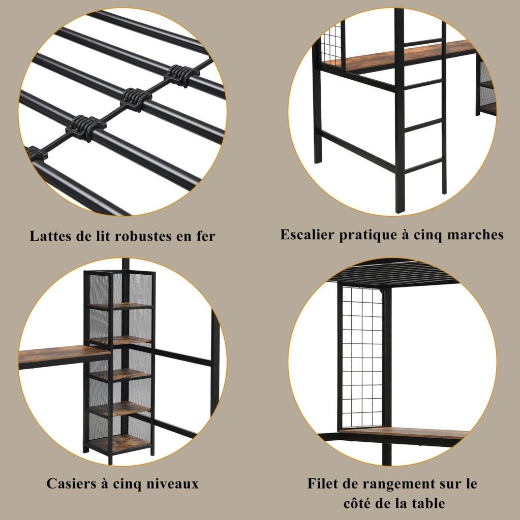 Letto a soppalco 90x200 cm con scrivania e scaffale in metallo e MDF nero