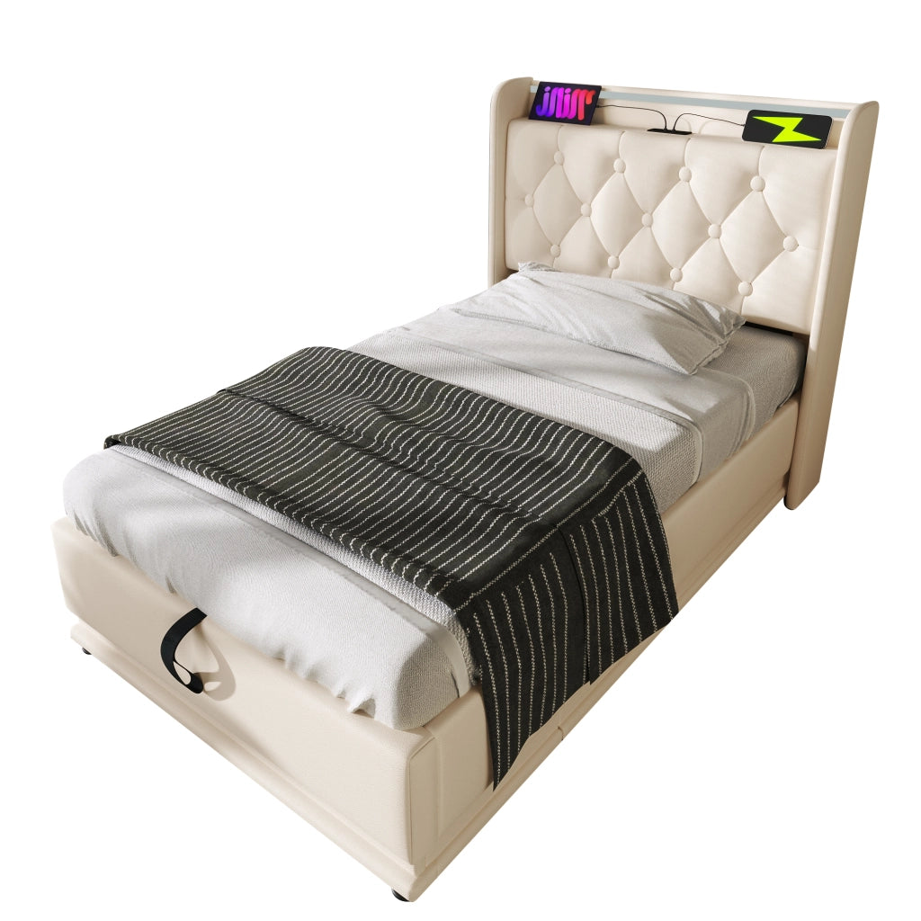 Letto singolo imbottito 90x200 cm con contenitore idraulico