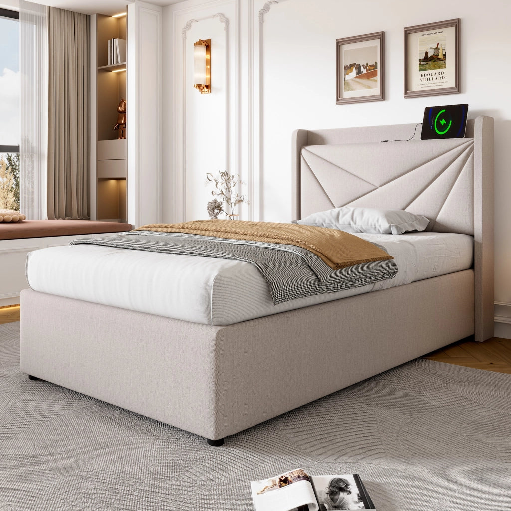 Letto singolo 90x200 con contenitore; testiera USB e Tipo C