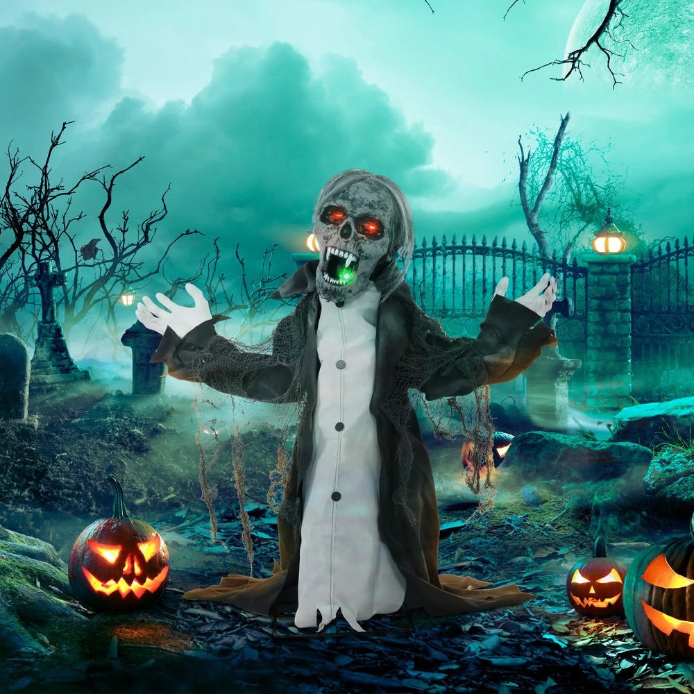 Scheletro zombie animato Halloween 75 cm con luci LED, effetti sonori e sensore, decorazione per giardino e casa