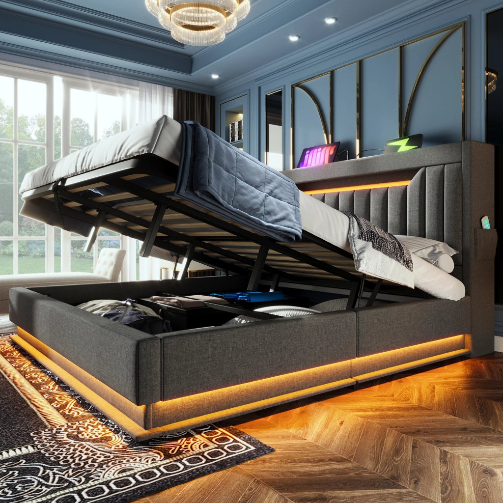 Letto contenitore 160x200 grigio con testiera; LED e porte USB