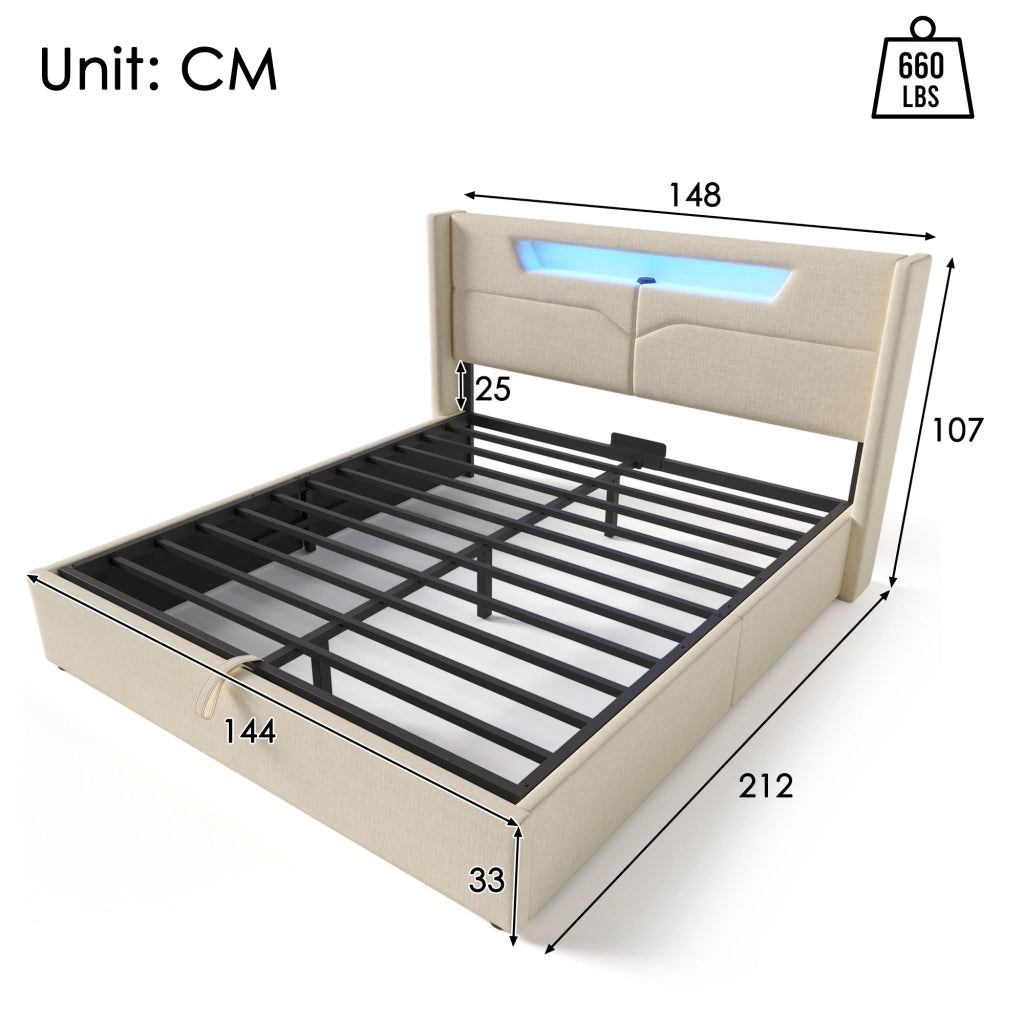 Letto matrimoniale 140x200 imbottito beige con contenitore e luce LED