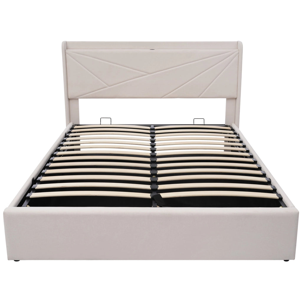 Letto matrimoniale contenitore 140x200 beige con testiera USB e Tipo-C