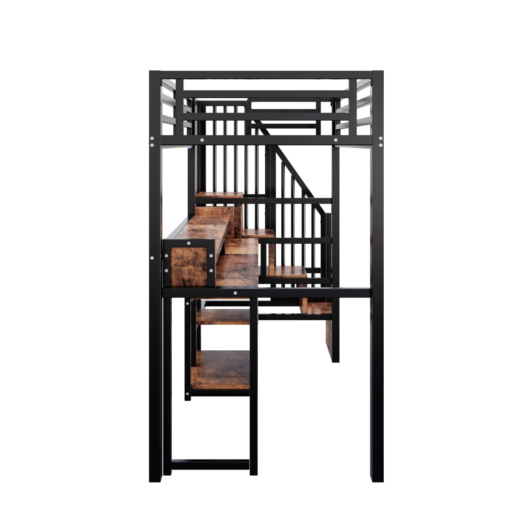 Letto a soppalco 90 × 200 cm in metallo e MDF nero con armadio scala ripiani LED USB e USB C