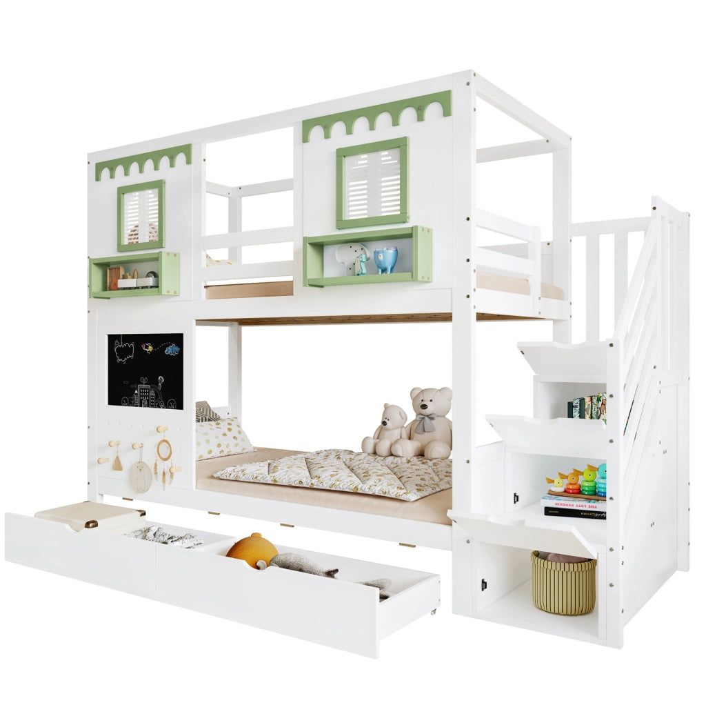Letto a castello per bambini 90x200 cm con scala contenitore e cassetti; bianco e verde