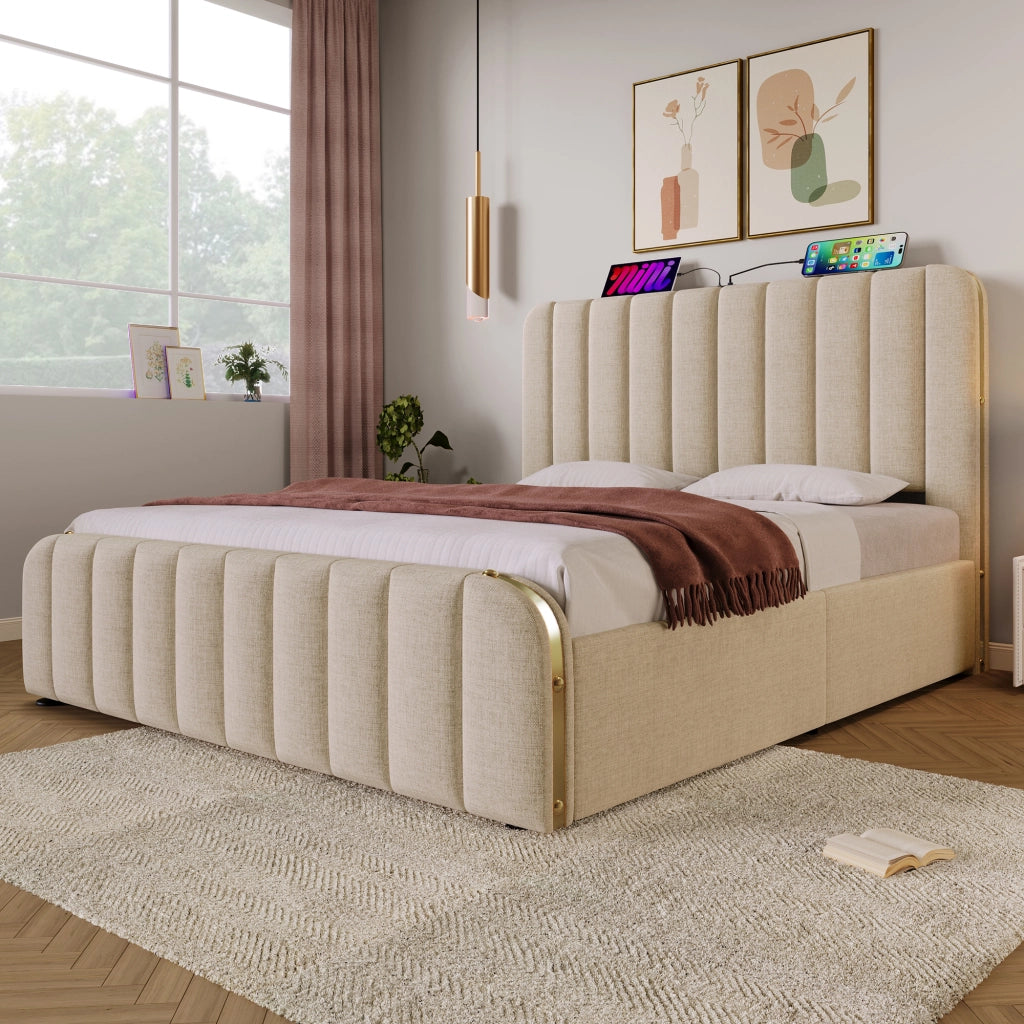 Letto contenitore matrimoniale 140x190 cm beige imbottito