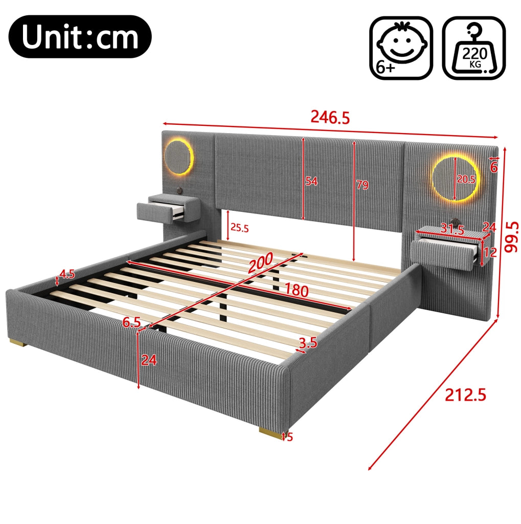Letto matrimoniale imbottito 180x200 cm grigio con LED e USB