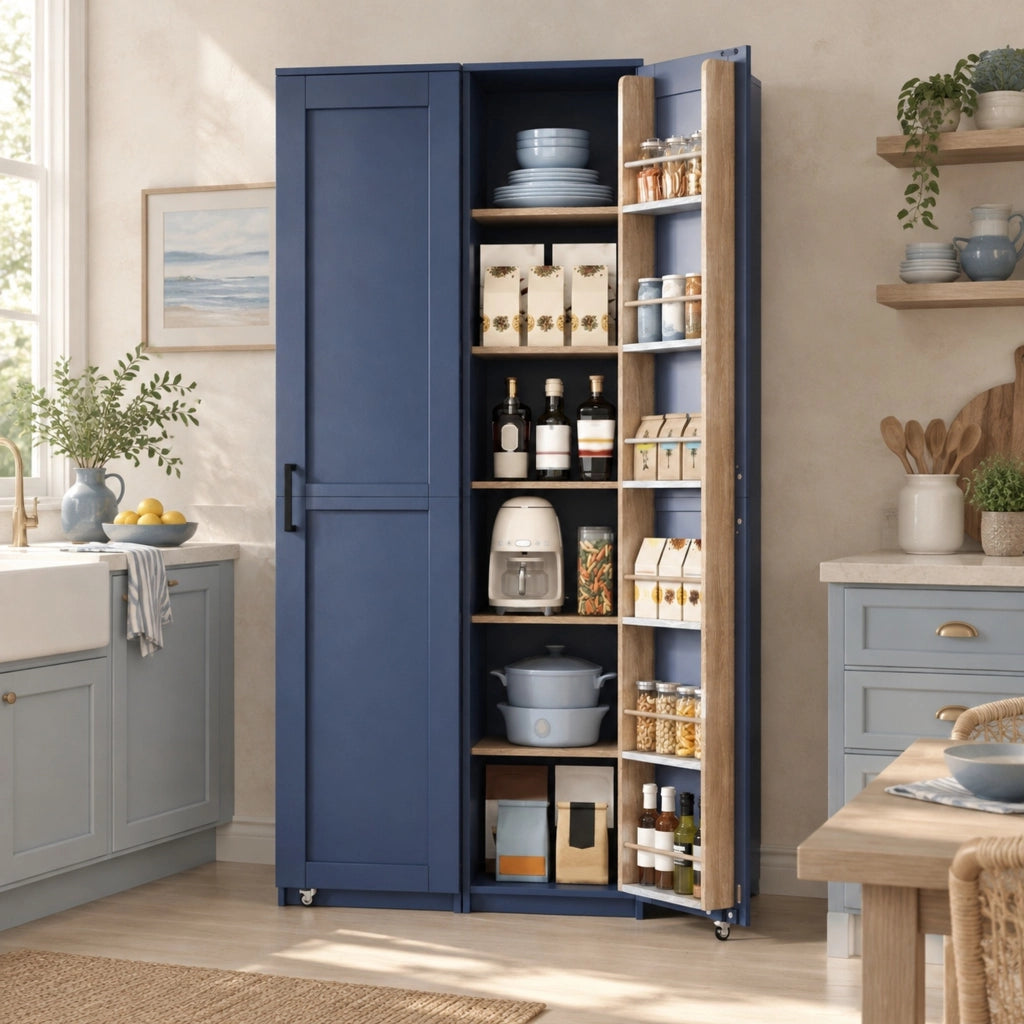 Armadio alto blu in MDF con ripiani regolabili e vani nell’anta, 40 × 40 × 183 cm
