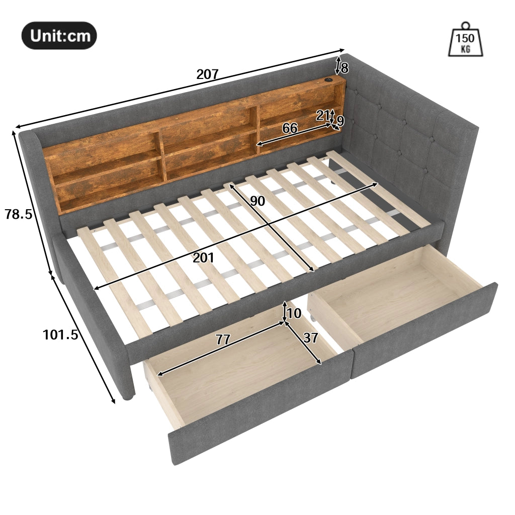 Letto singolo 90 × 200 cm con 2 cassetti in lino e MDF grigio con porte USB Type-C e ripiani