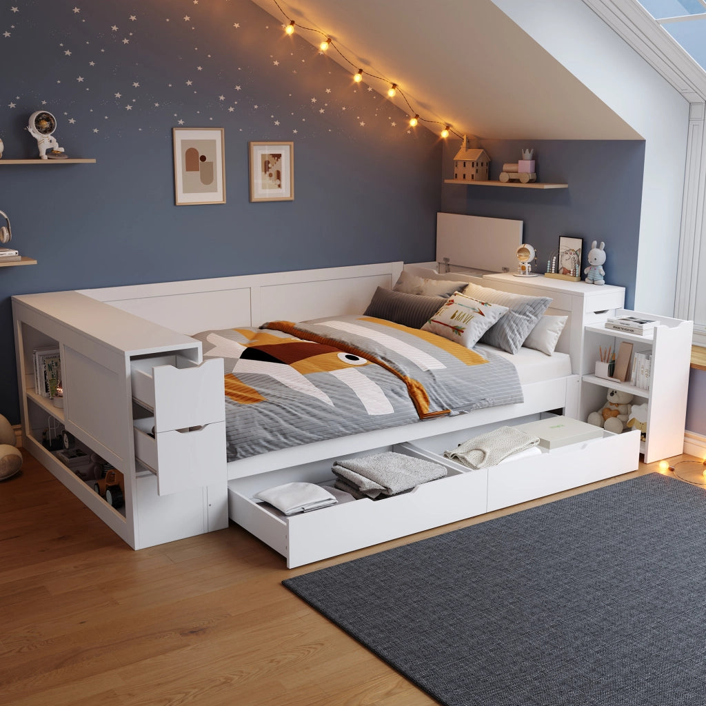 Letto con Cassetti 140x190 cm - Contenitore e Comodino Scorrevole - MDF - Bianco
