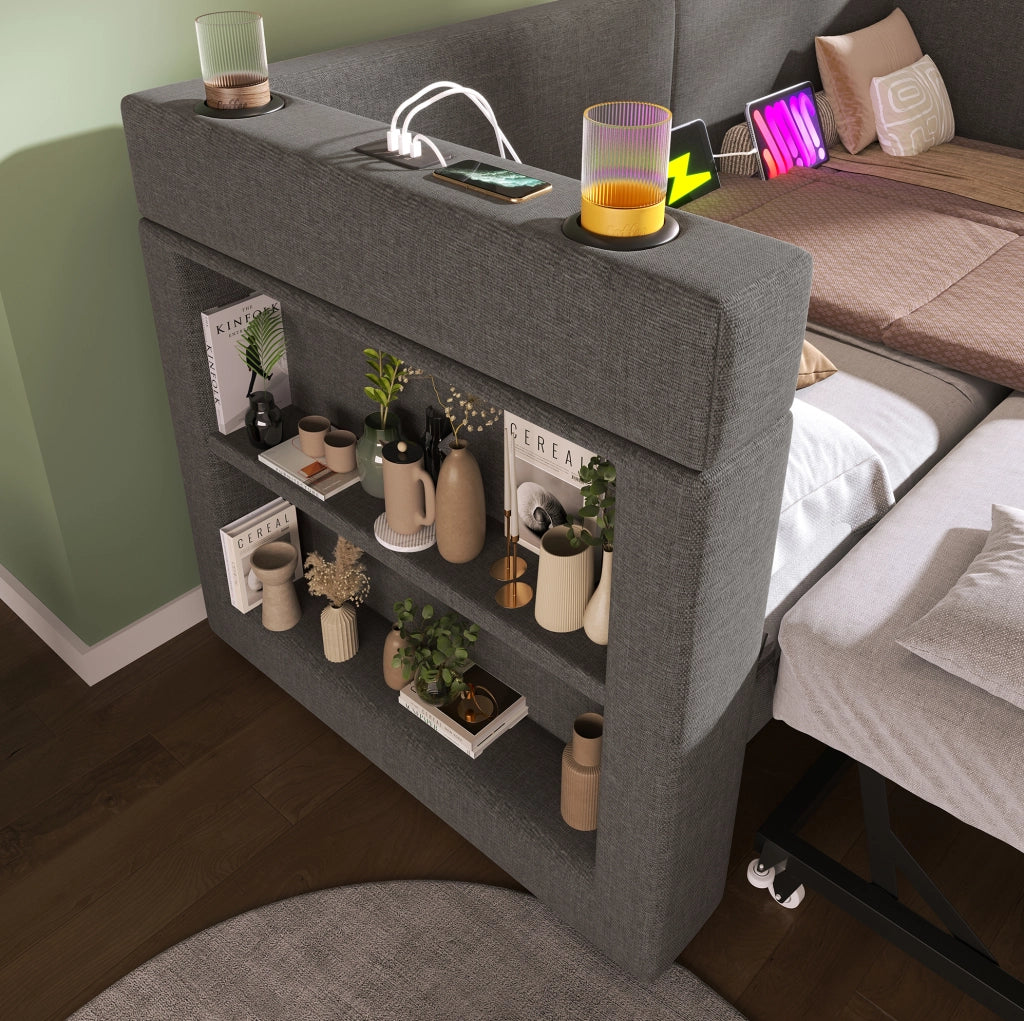 Letto divano estraibile 90x200 cm grigio con USB e portabicchieri