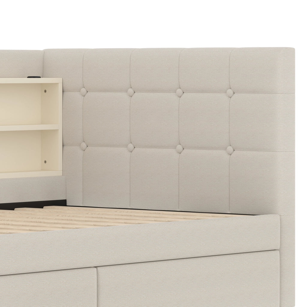 Letto con cassetti 90 × 200 cm con testiera a bottoni; prese USB e Type-C; ripiani; lino e MDF beige