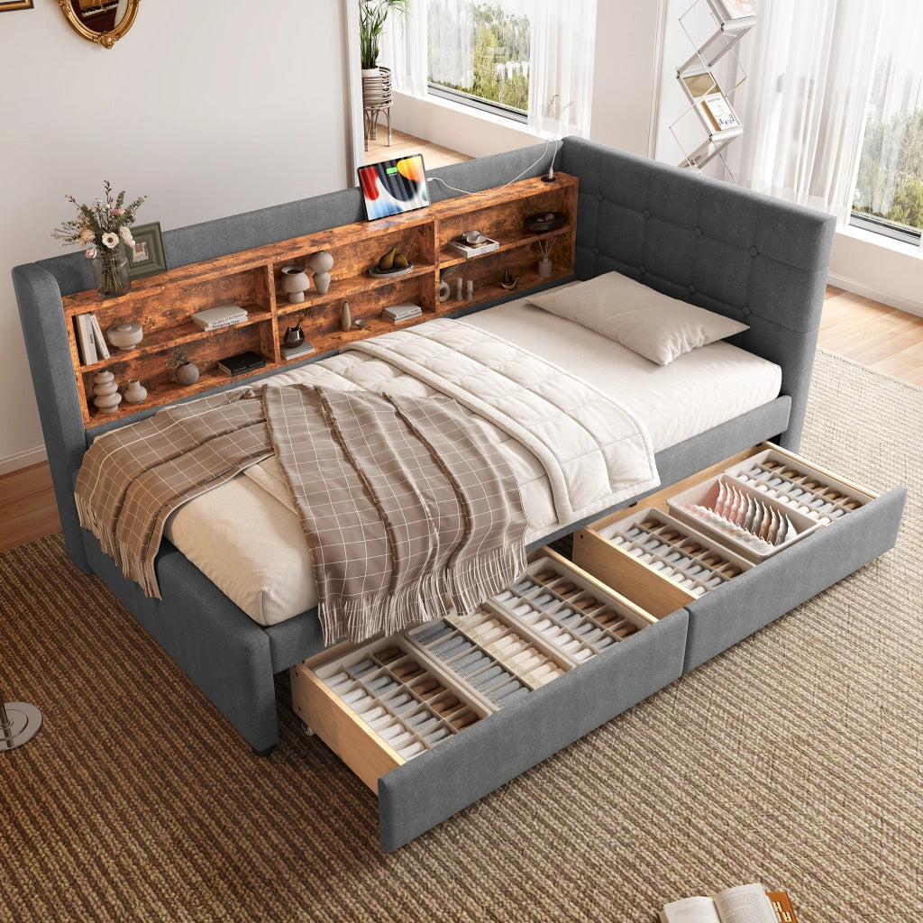 Letto singolo 90 × 200 cm con 2 cassetti in lino e MDF grigio con porte USB Type-C e ripiani