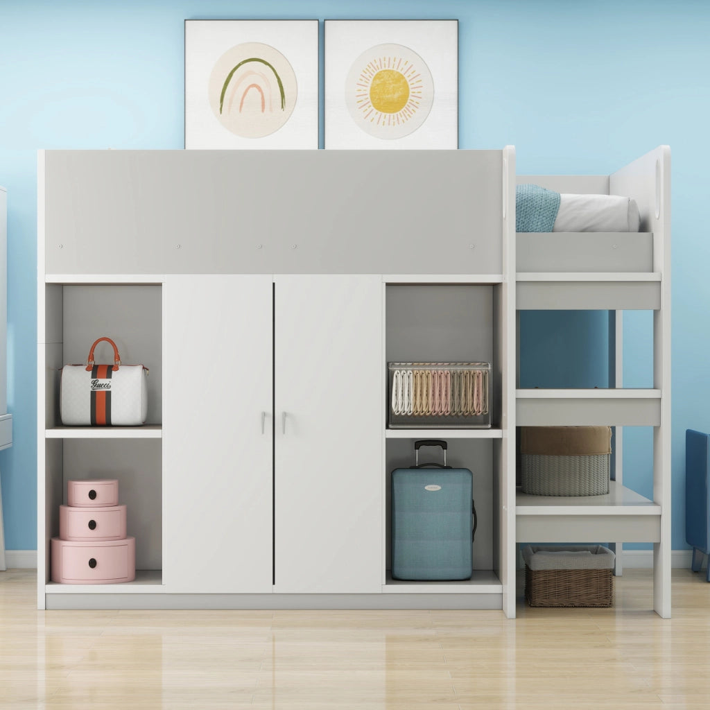 Letto a soppalco per bambini 90 × 200 cm con armadio e scaffali grigio in legno