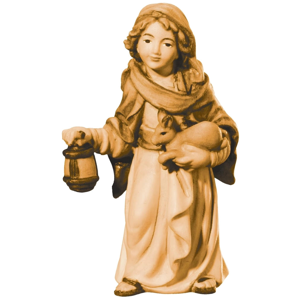 Pastore con lanterna e coniglio, 8 cm, statuina di legno dipinta a mano per presepe