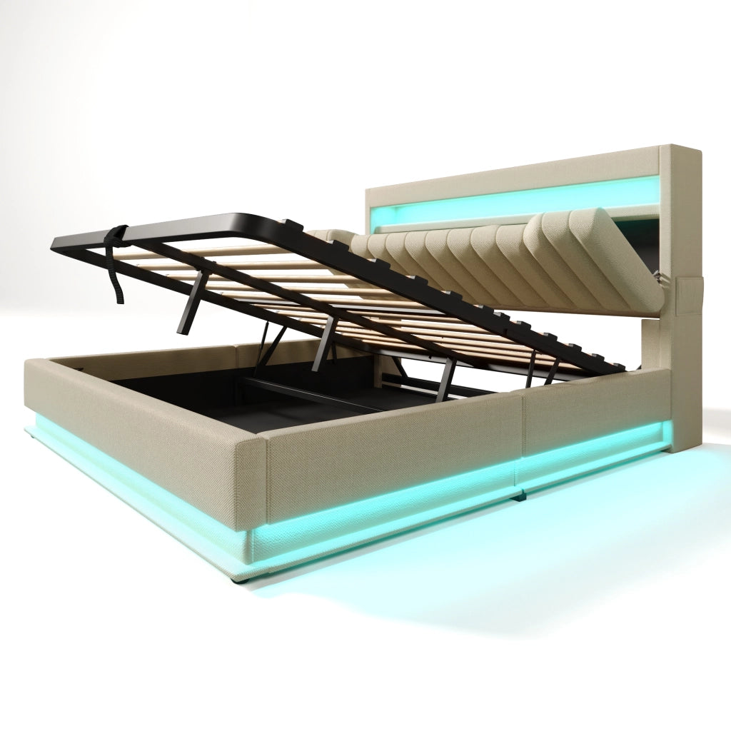 Letto matrimoniale 160x200 cm beige con contenitore e luci LED
