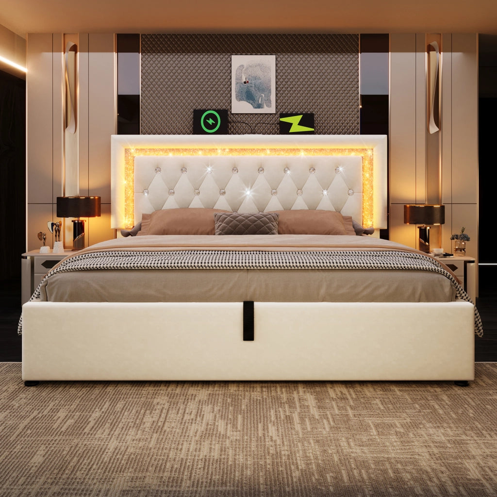 Letto imbottito beige 140x200 cm con testiera LED