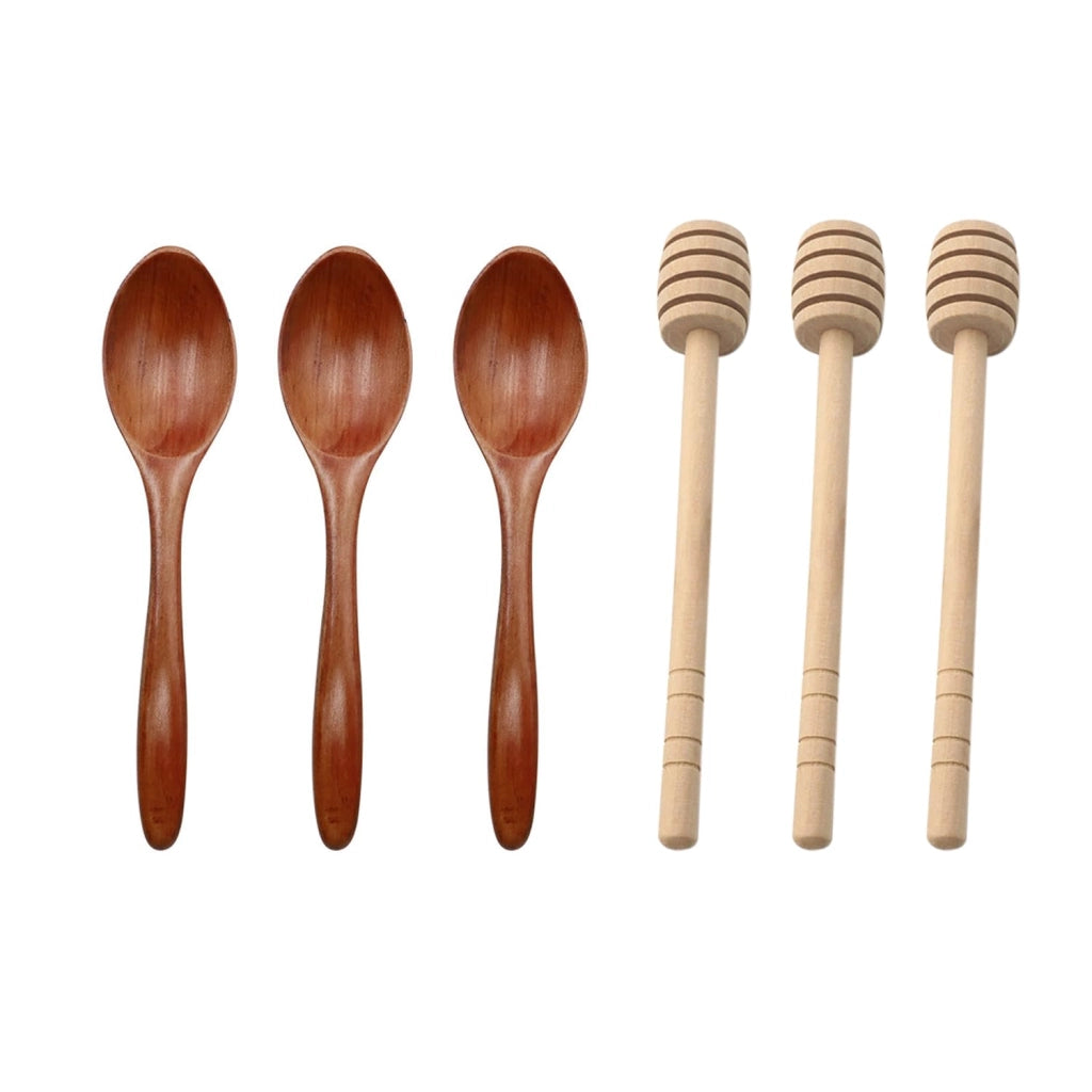 Set da 6 pezzi con 3 bacchette di legno per mescolare e 3 cucchiai di legno, bacchette lunghe per mescolare, bastoncini per salse e zucchero, accessorio da cucina multifunzionale