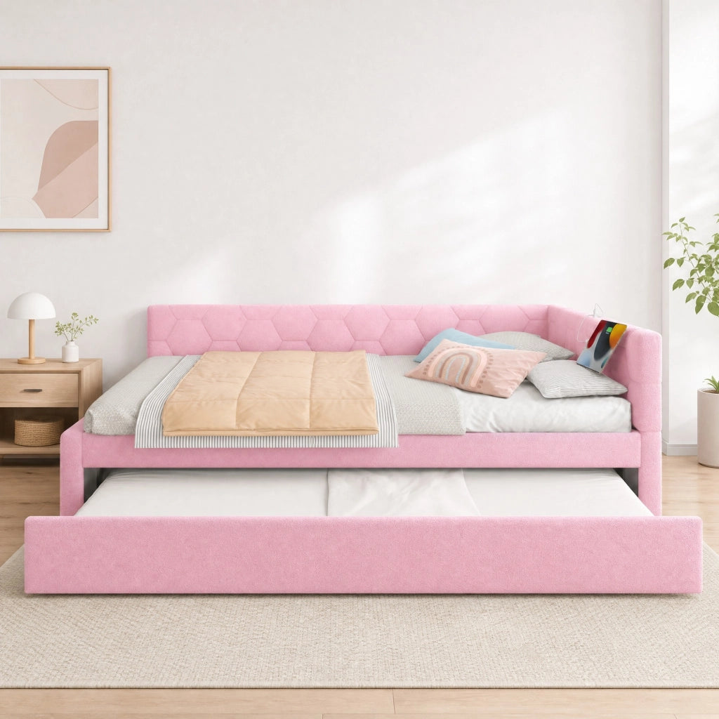 Daybed 140x200 cm con letto estraibile, USB e Type-C, lampada integrata, velluto rosa