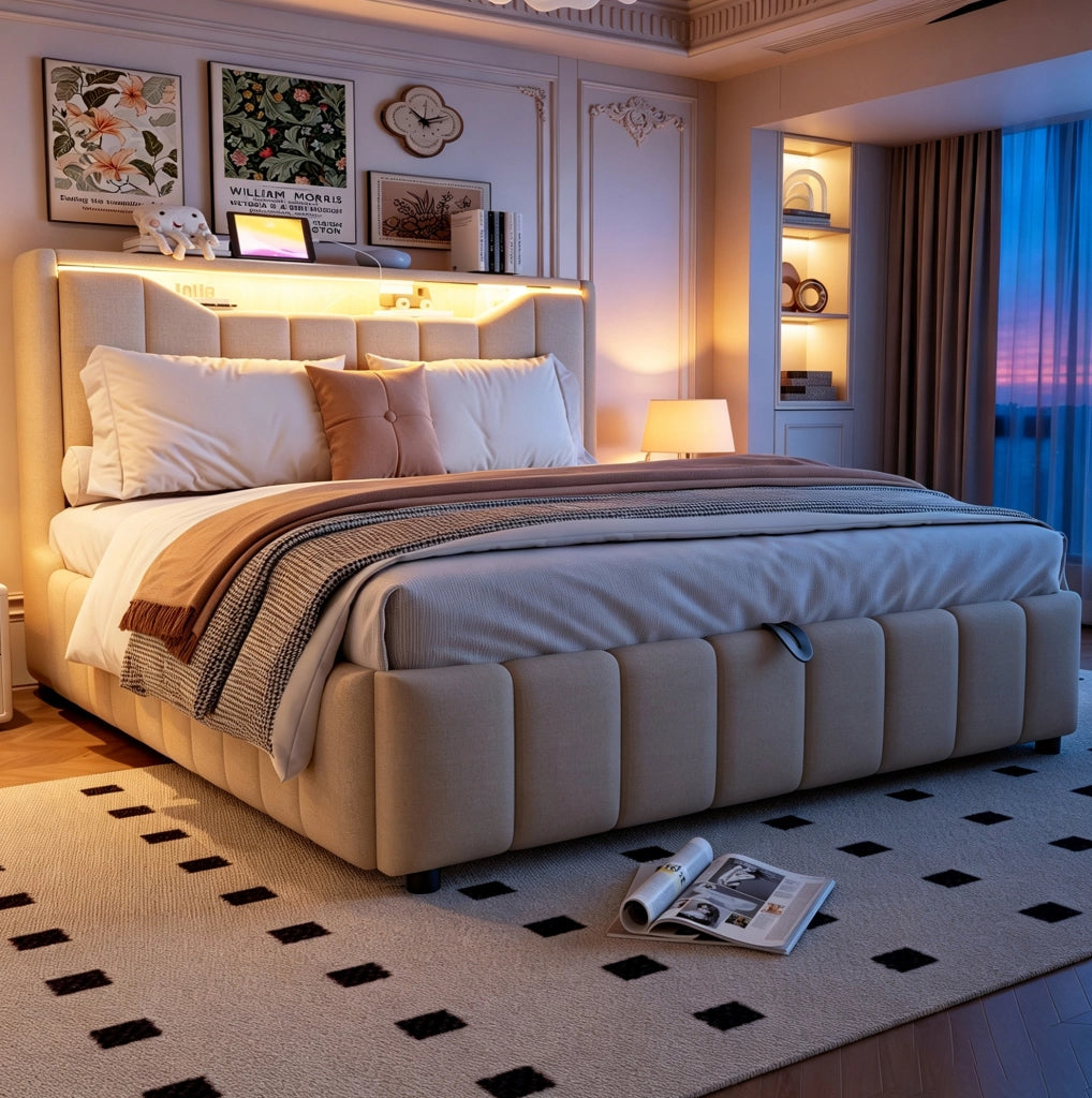 Letto contenitore 140x200 cm beige con LED e prese USB