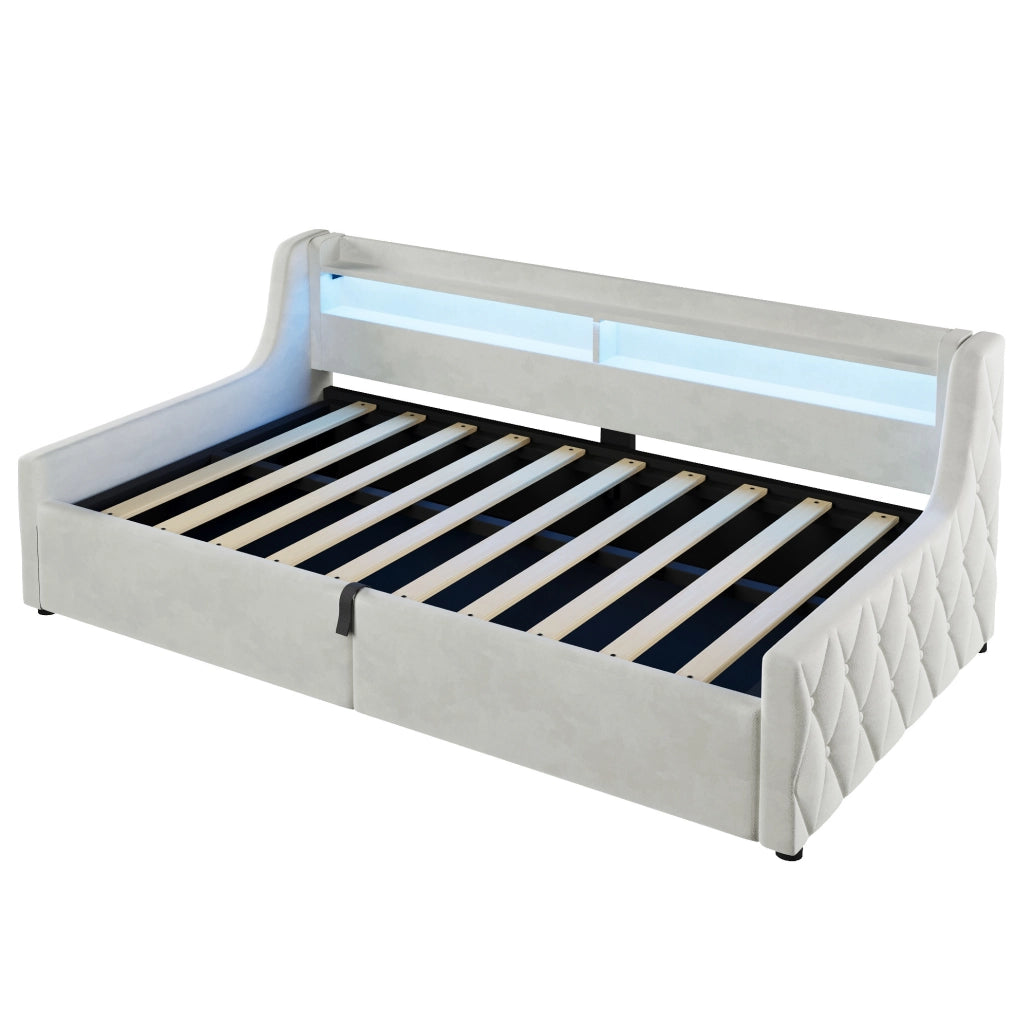Letto singolo contenitore 90x200 cm con LED, bianco sporco
