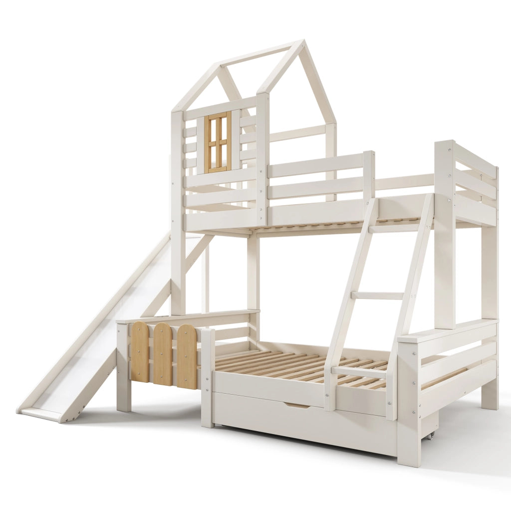 Letto a castello con scivolo e scala; bianco e legno; 90x200/140x200 cm