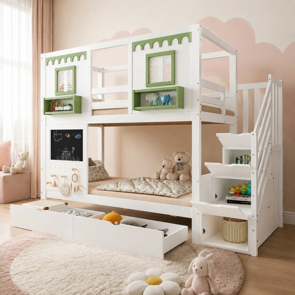 Letto a castello per bambini 90x200 cm con scala contenitore e cassetti; bianco e verde