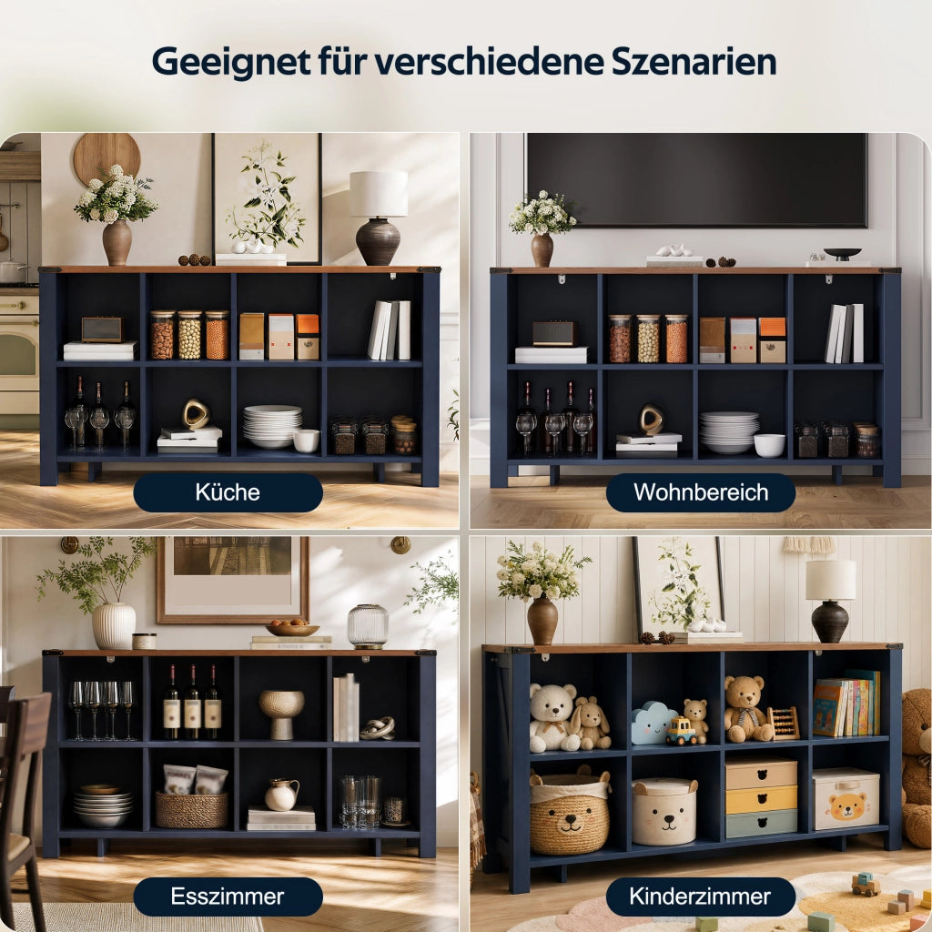 Libreria orizzontale blu in MDF con 8 vani, 140x34x75 cm