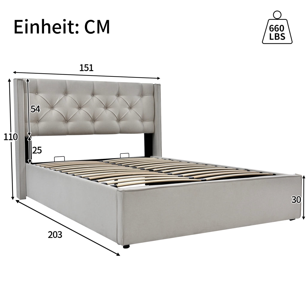 Letto imbottito 140x200 cm con contenitore grigio chiaro
