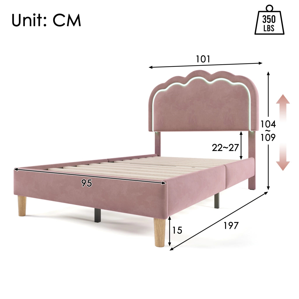 Letto singolo 90 x 190 cm rosa con testiera regolabile