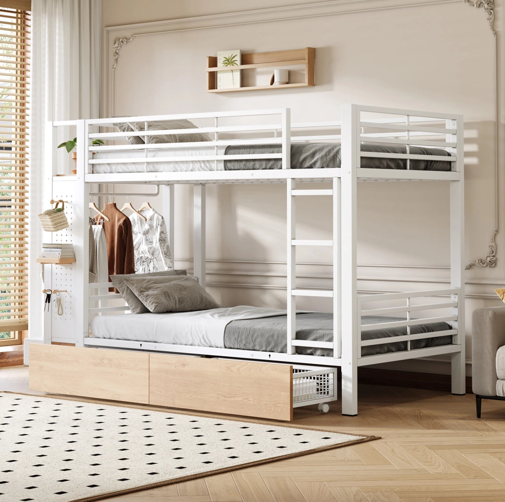 Letto a castello 90x200 cm bianco con cassetti e luce LED