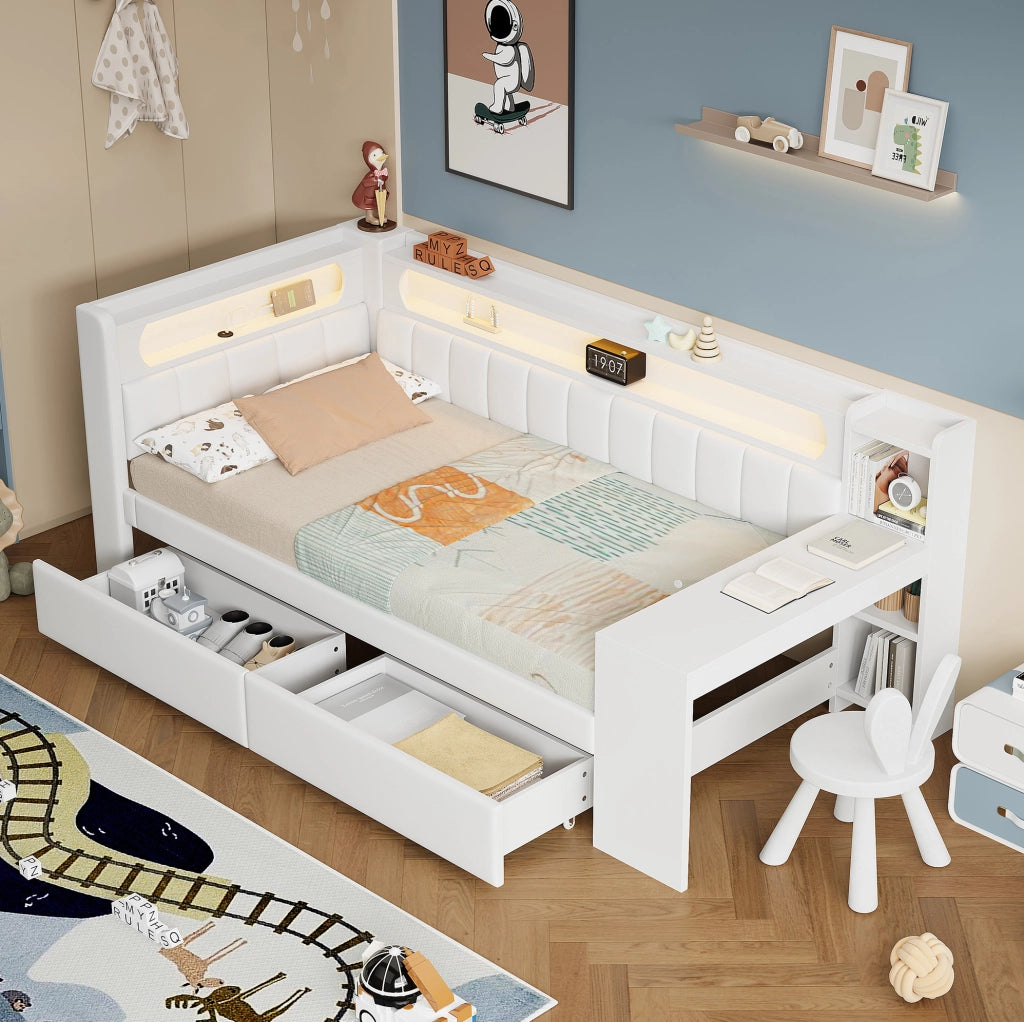 Letto singolo 90x200 cm con scrivania; 2 cassetti; LED e USB in MDF e compensato bianco