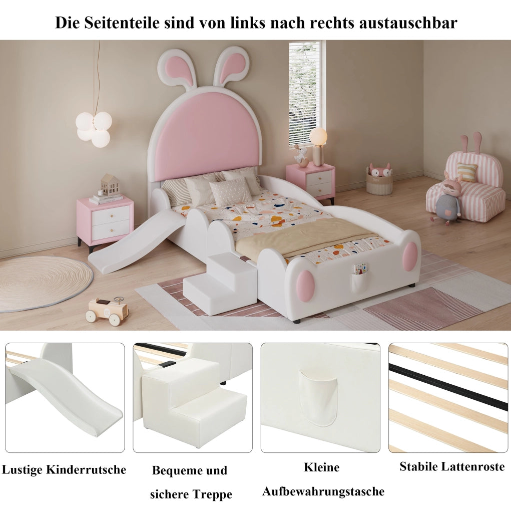 Letto singolo per bambini 90x200 cm con scivolo e scaletta in PU bianco e rosa