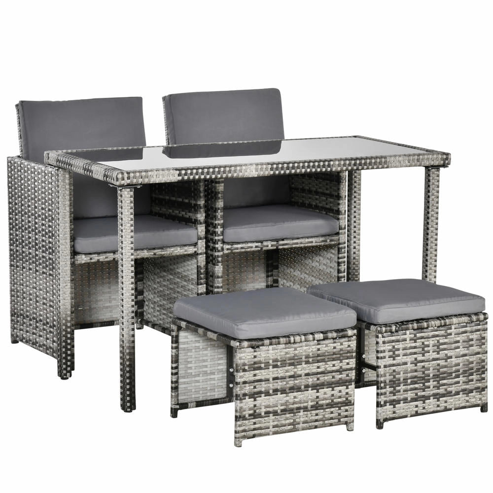 Set da Pranzo da Giardino in Polyrattan Grigio per 4 Persone con Cuscini, Salotto da Esterno Resistente e Durevole per Terrazza