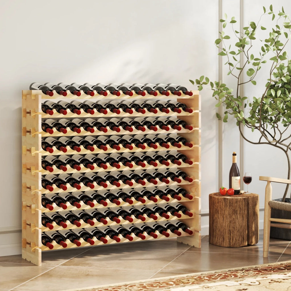 Stackable Modular Wine Rack for 108 Bottles 9 Tier Wooden Wine Rack Freestanding Wine Display Shelf Natural