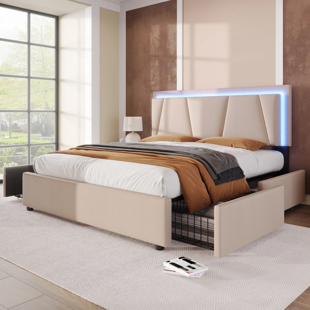 Letto matrimoniale 140x200 cm beige con 4 cassetti