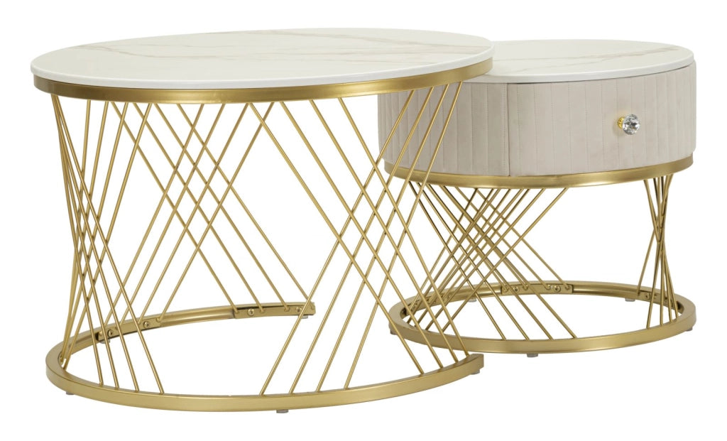 Set Due Tavolini da Caffè Votix con Intreccio Dorato e Piano Effetto Marmo - Complemento Glam per Living - 1428820000