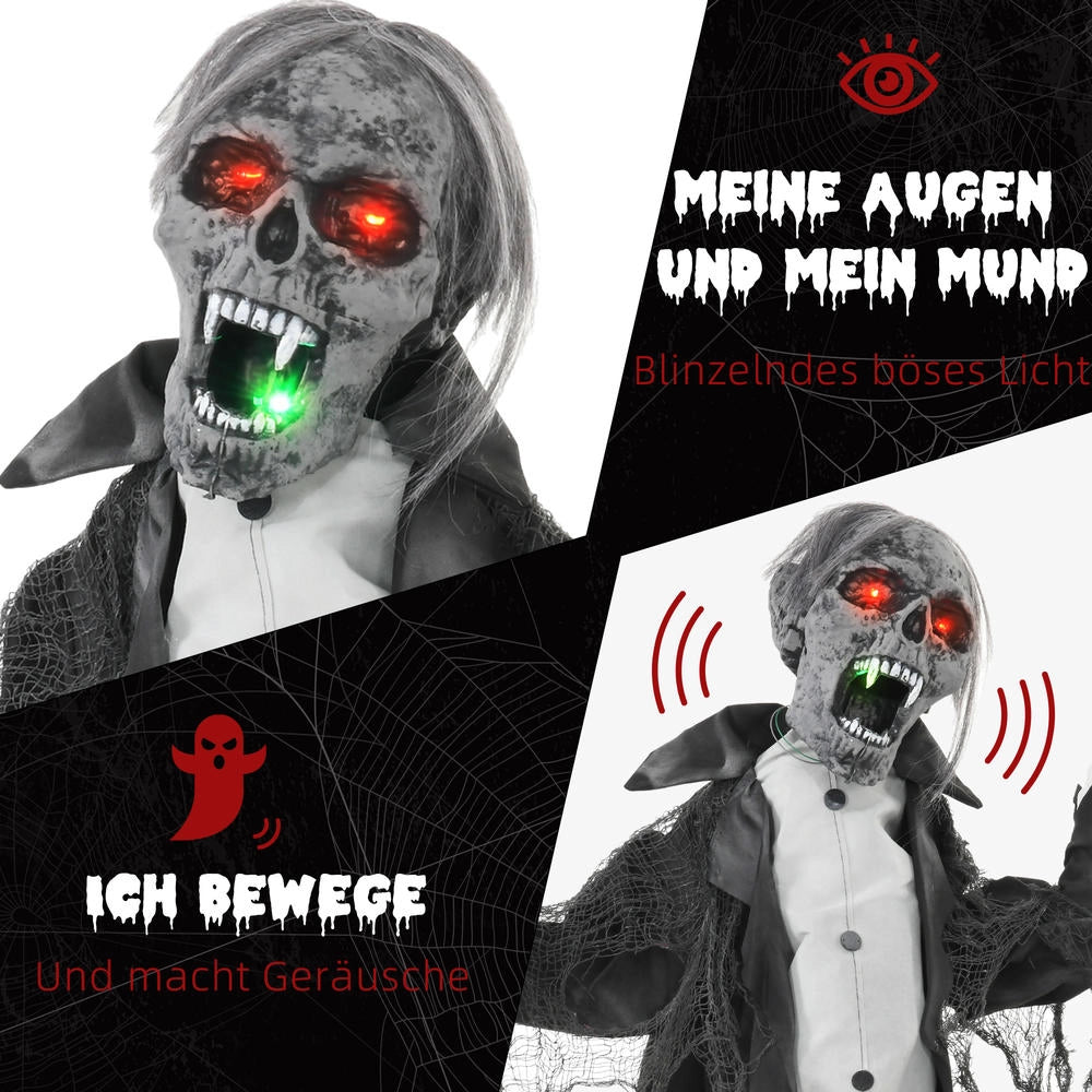 Scheletro zombie animato Halloween 75 cm con luci LED, effetti sonori e sensore, decorazione per giardino e casa