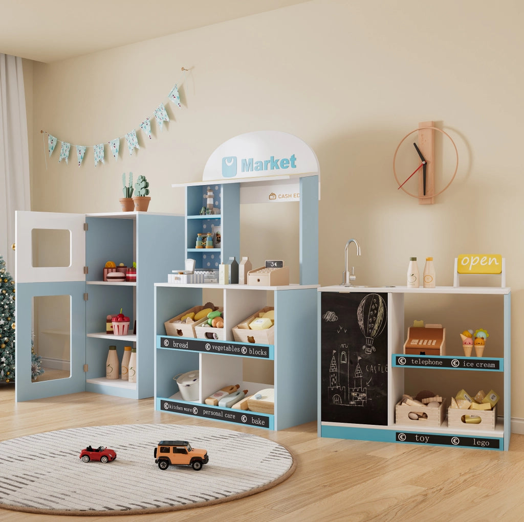 Negozio giocattolo per bambini con scaffali; frigorifero e lavagna in MDF blu