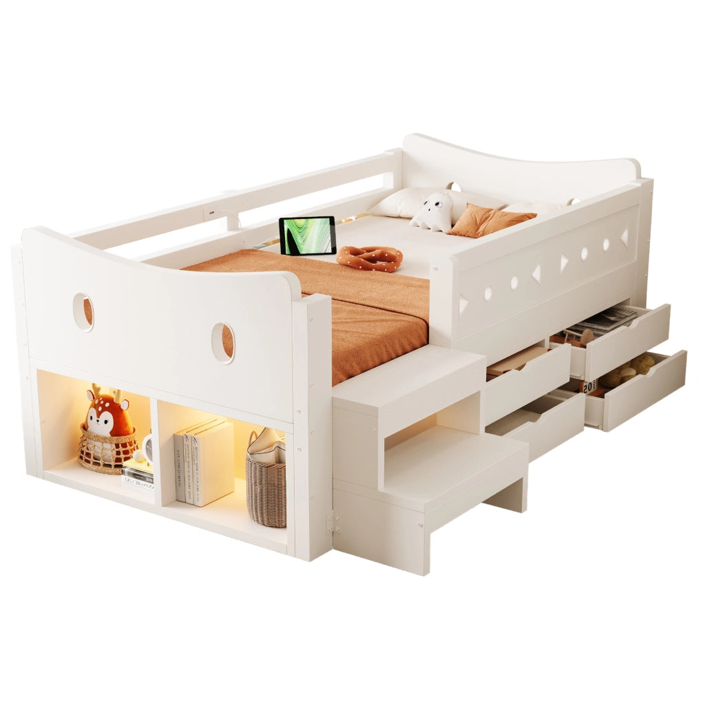 Letto per bambini 90x200 cm bianco con cassetti, LED e USB