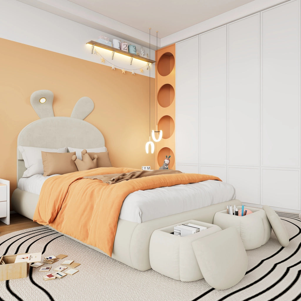 Letto singolo per bambini 90x200 cm con LED regolabile e 2 pouf; velluto beige